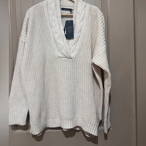 NWT Lauren Ralph Lauren White Cable Knit Neck Sweater XL